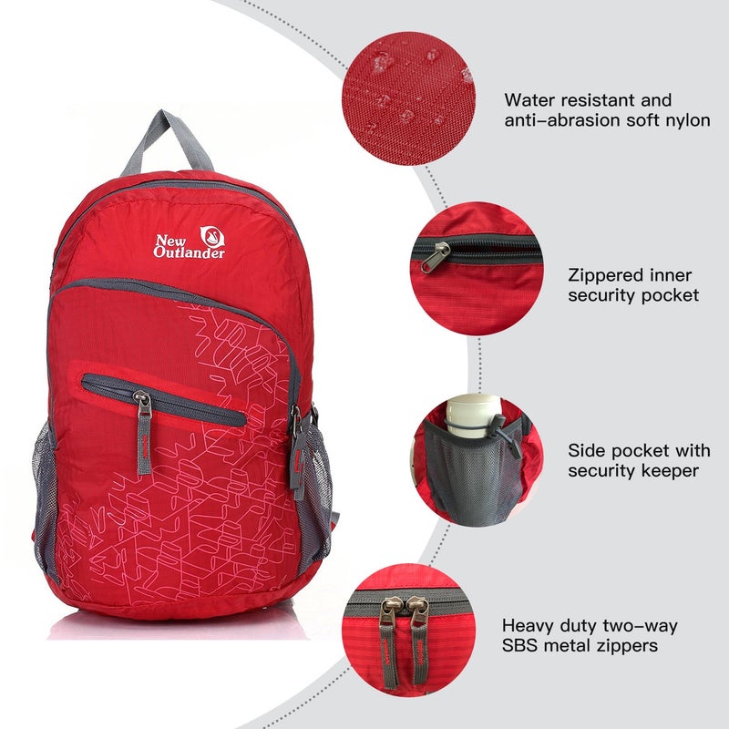 Outlander Packable Handy Lightweight Travel Hiking Backpack Daypack, Red - Image 3